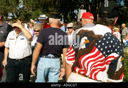 Man wearing a colourful shirt showing an American Eagle and the Stars and Stripes USA See on Veterans Day in Florida Stock Photo