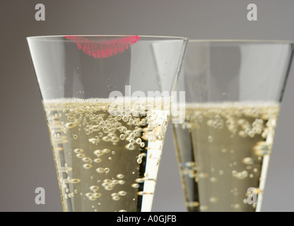 Closeup of champagne with lipstick print Stock Photo