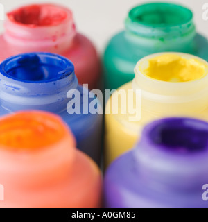 Closeup of open paint bottles Stock Photo