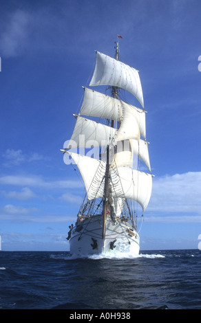 Brigantine square rigged sailing ship in full sail in the South Pacific Stock Photo