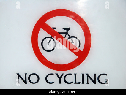 Round red and white sign no cycling showing a bicycle Stock Photo