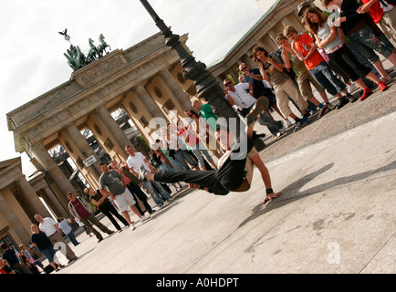 Germany Berlin Football Breakdancers performing in front of the Brandenburg Gate Stock Photo