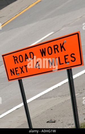 Road Works Sign for the next 4 miles Stock Photo