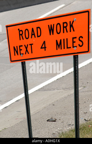 Road Works Sign for the next 4 miles Stock Photo