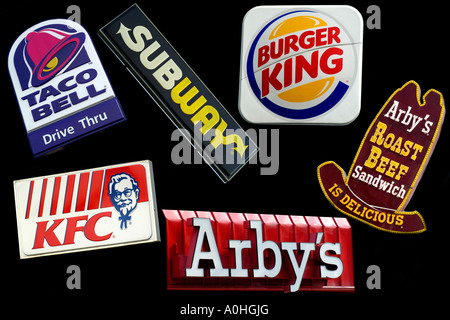 A collage of Fast Food Restaurant signs Stock Photo