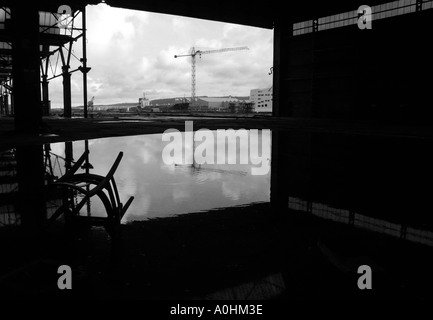 Looking out across Belfast docks from a disused factory Stock Photo