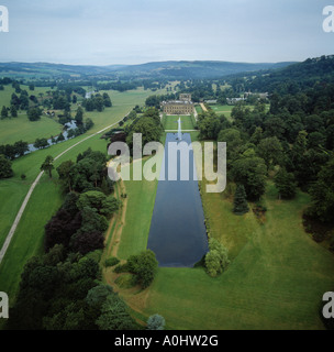 Chatsworth House & Emperor Fountain Bakewell Derbyshire UK aerial view Stock Photo