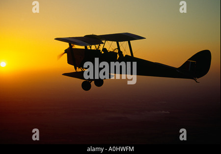 de Havilland DH.82 Tiger Moth in flight at sunset Stock Photo