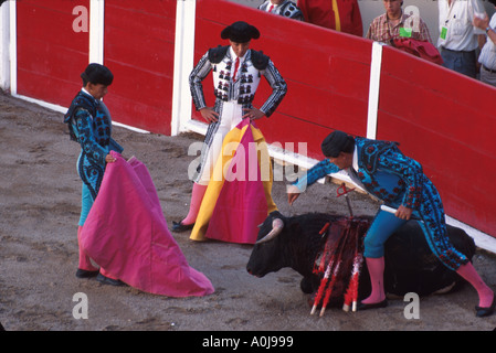 Mexico,Mexican,Central America,Pan,North Hispanic Mestizo,Aguascalientes,Plaza de Toros Monumental,features young nobillero novices,bullfighting,Mex05 Stock Photo