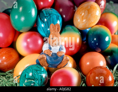 Painted Easter eggs chocalte rabbit colorful Stock Photo