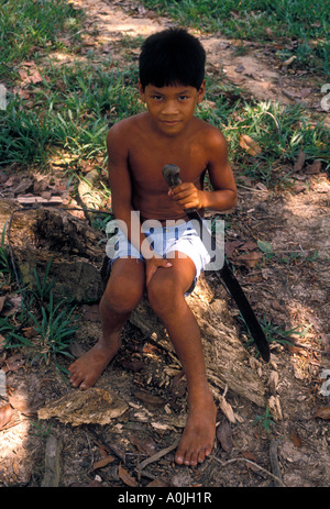 1, one, Brazilian boy holding machete, eye contact, front view, portrait, west of Manaus in Amazon rainforest, Amazonas State, Brazil, South America Stock Photo
