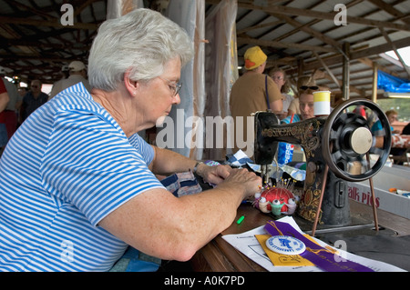Woman Using Antique Singer Sewing Machine Lanesville Heritage Festival Lanesville Indiana Stock Photo