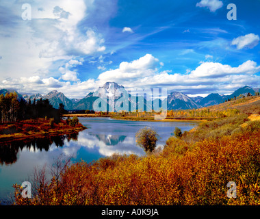 Autumn color fills the foreground at the Oxbow Bend of the Snake River in Grand Teton National Park in Wyoming Stock Photo