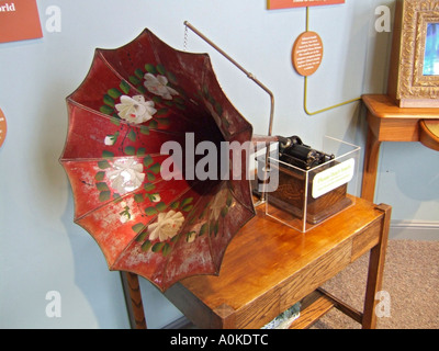 Early phonograph invented by Thomas Elva Edison is on display in a museum in his boyhood town of Port Huron Michigan Stock Photo