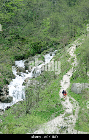 walkers in the Gola d'Infernaccio in the Sibillini National Park, Le Marche (the Marches) Italy (Italia) Stock Photo