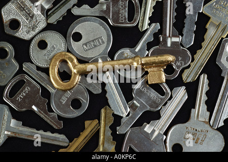 an old door key on a plie of new door keys dsc 9923 Stock Photo