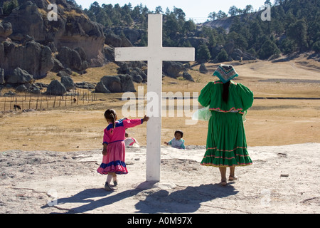 Tarahumara Indians in Cusarare a native community and former catholic mission in the Sierra Tarahumara near Copper Canyon Stock Photo