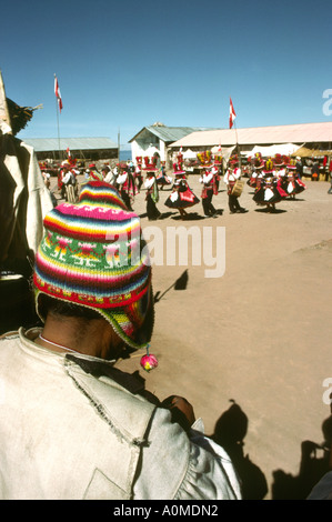 Peru Lake Titicaca Taquile Island Head of islander with dancers Stock Photo