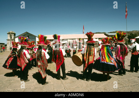 Peru Lake Titicaca Taquile Island dancers in square Stock Photo