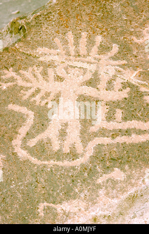 Peru Toro Muerto near Arequipa Close up of petroglyph with head dress Stock Photo