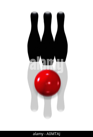 3 pins and a bowling ball 3 aufgestellte Kegel Kugel Stock Photo