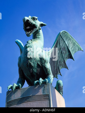 One of the four dragons on the Dragon Bridge, Ljubljana, Slovenia. Stock Photo