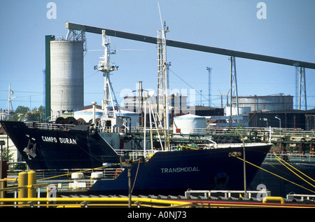 Buenos Aires, Argentina. Port with cargo ships 'Transmodal' and 'Campo Duran' with petrochemical and bulk storage facilities. Stock Photo