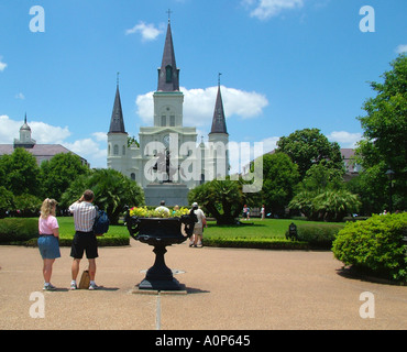 Jackson Square Place d Armes near St Louis Cathedral and the equestrian statue of Andrew Jackson New Orleans Louisiana USA Stock Photo