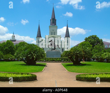 Jackson Square Place d Armes near St Louis Cathedral and the equestrian statue of Andrew Jackson New Orleans Louisiana USA Stock Photo