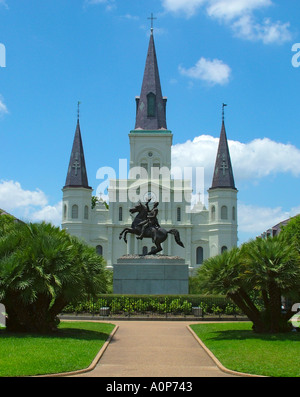 Jackson Square Place d Armes near St Louis Cathedral and the equestrian statue of Andrew Jackson New Orleans Louisiana USA Stock Photo