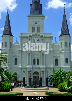 Jackson Square Place d Armes near St Louis Cathedral and the equestrian statue of Andrew Jackson New Orleans Louisiana USA Stock Photo