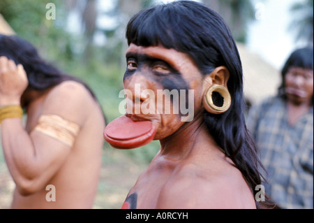 Portrait of a Suya Indian man with lip plate Brazil South America Stock Photo
