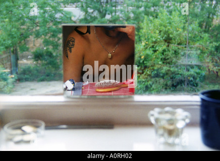 "The Other 2" Self portrait in front of a window Chiapas Mexico Central Latin America Stock Photo