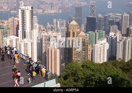 dh viewpoint VICTORIA PEAK HONG KONG Peak Tower tram terminal terrace lookout Central midlevel buildings Stock Photo