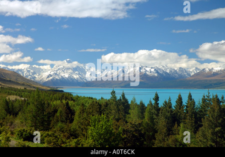 Summit of Aoraki Mt Cook the highest peak in Australasia across Lake Pukaki Aoraki Mt Cook National Park New Zealand Stock Photo