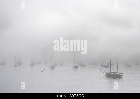 Misty morning on Fowey harbor looking towards Polruan, Cornwall, England Stock Photo