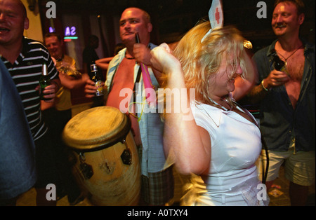 Ayia Napa, Cyprus. English tourists outside a bar on the main square Seferis Platea. Hen Party Stock Photo