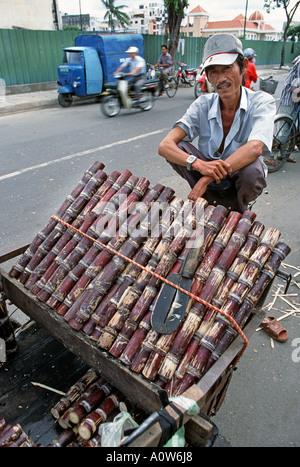 Itinerant Vietnamese sugar cane vendor selling from a rickshaw in the street pavement Ho Chi Minh City Saigon Vietnam Stock Photo