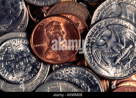 United states coins penny quarter dime closeup Stock Photo