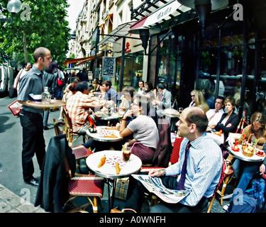 Paris Cafe, France, Waiter Serving Tables, French Businessman Having Lunch at 'Le Dada Café' Terrace Bistro Restaurant, Parisian street café scene Stock Photo