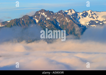 Misty morning over the Bailey Range mountains in Olympic National Park as seen from Obstruction Point road Washington USA Stock Photo