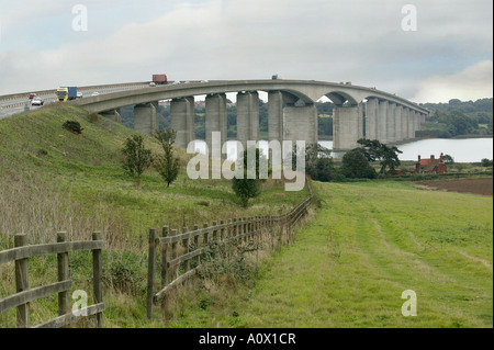 The Orwell bridge in Suffolk A major route and connection between Ipswich and Felixstowe rising over the skyline in Suffolk. Stock Photo