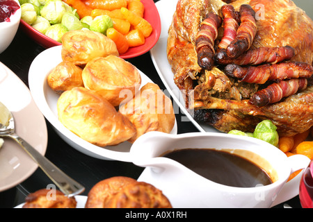 Authentic Traditional Roast Turkey Christmas Dinner With A Gravy Boat And No People Stock Photo