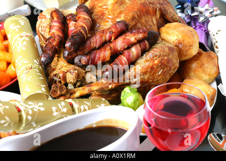 Authentic Traditional Roast Turkey Christmas Dinner With A Gravy Boat And No People Stock Photo