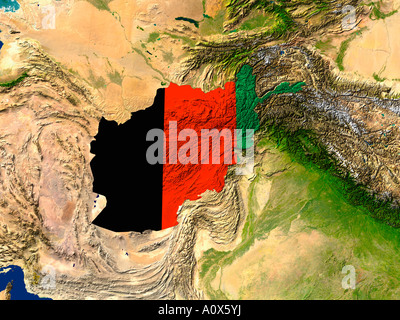 Satellite Image of Afghanistan covered by that Country's Flag Stock Photo