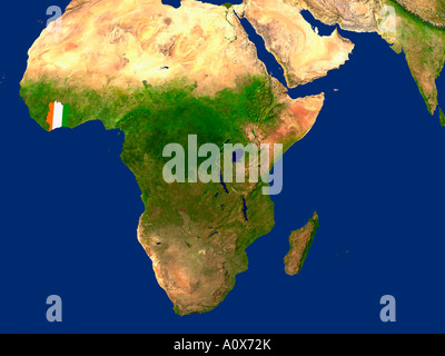 Satellite Image of Cote D'Ivoire covered by that Country's Flag Stock Photo