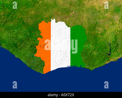 Satellite Image of Cote D'Ivoire covered by that Country's Flag Stock Photo