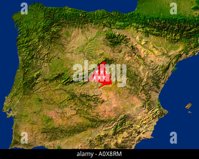 Satellite Image of Madrid covered by the Region's Flag Stock Photo