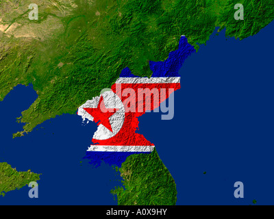 Satellite Image of North Korea covered by that Country's Flag Stock Photo