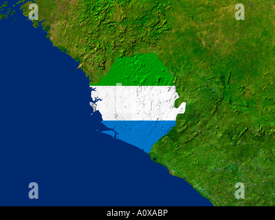 Satellite Image of Sierra Leone covered by that Country's Flag Stock Photo